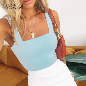 FSDA Square Neck Sleeveless Summer Crop Top White Women Black Casual Basic T Shirt Off Shoulder Cami Sexy Backless Tank Top